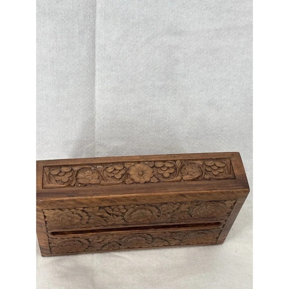 Hand Carved Floral Wooden Tissue Box Cover Holder Case with Removable Bottom
